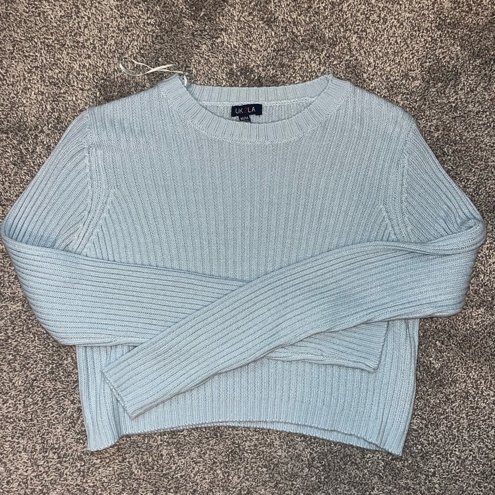 UK2LA Blue Crew Neck Sweater with Ribbed Texture
